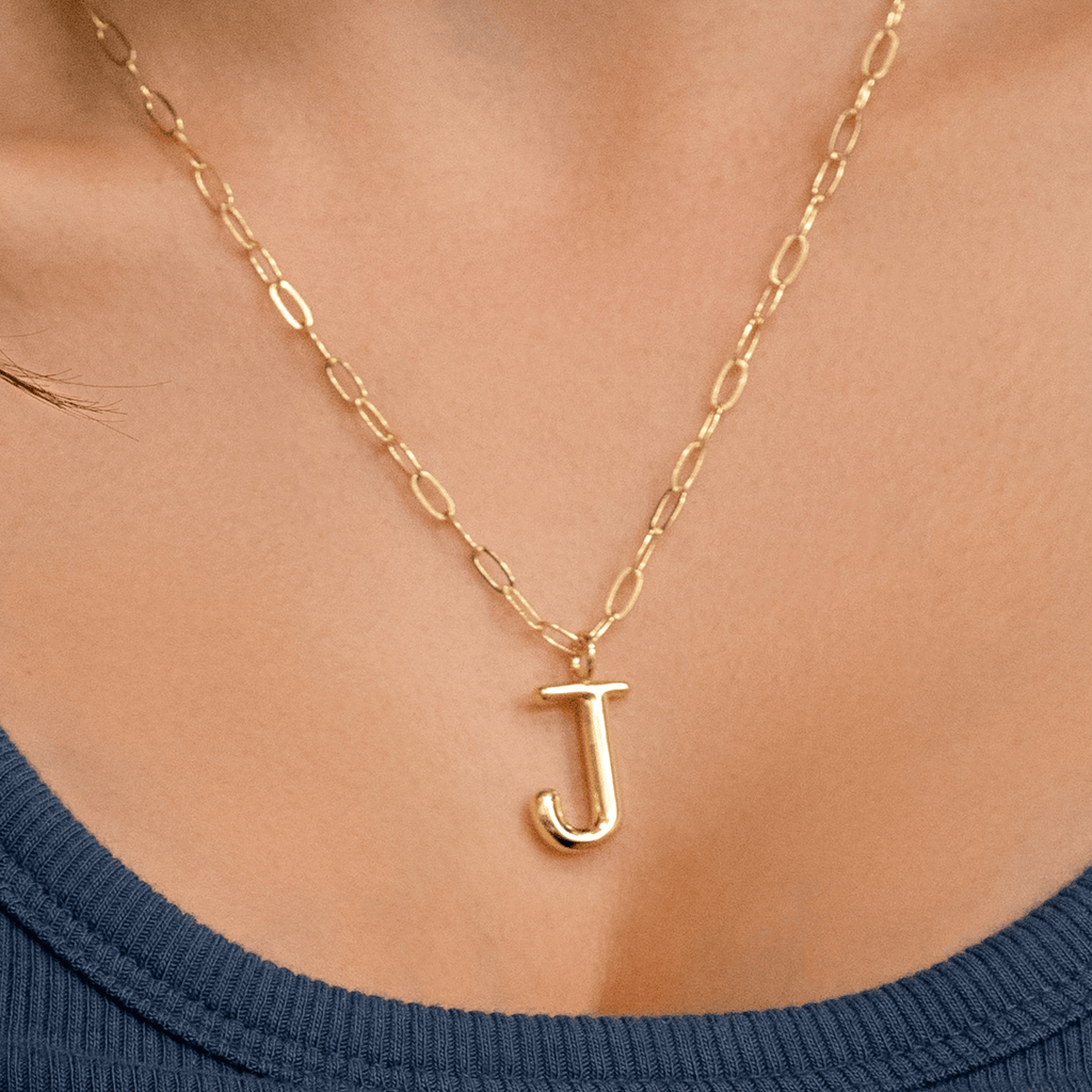 14K Gold Dipped Puffy Initial Necklace - Paperclip Chain Lucky Feather Jewelry - Necklaces