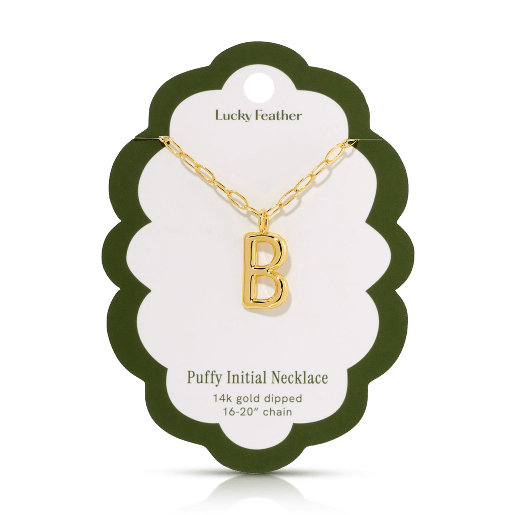B 14K Gold Dipped Puffy Initial Necklace - Paperclip Chain Lucky Feather Jewelry - Necklaces