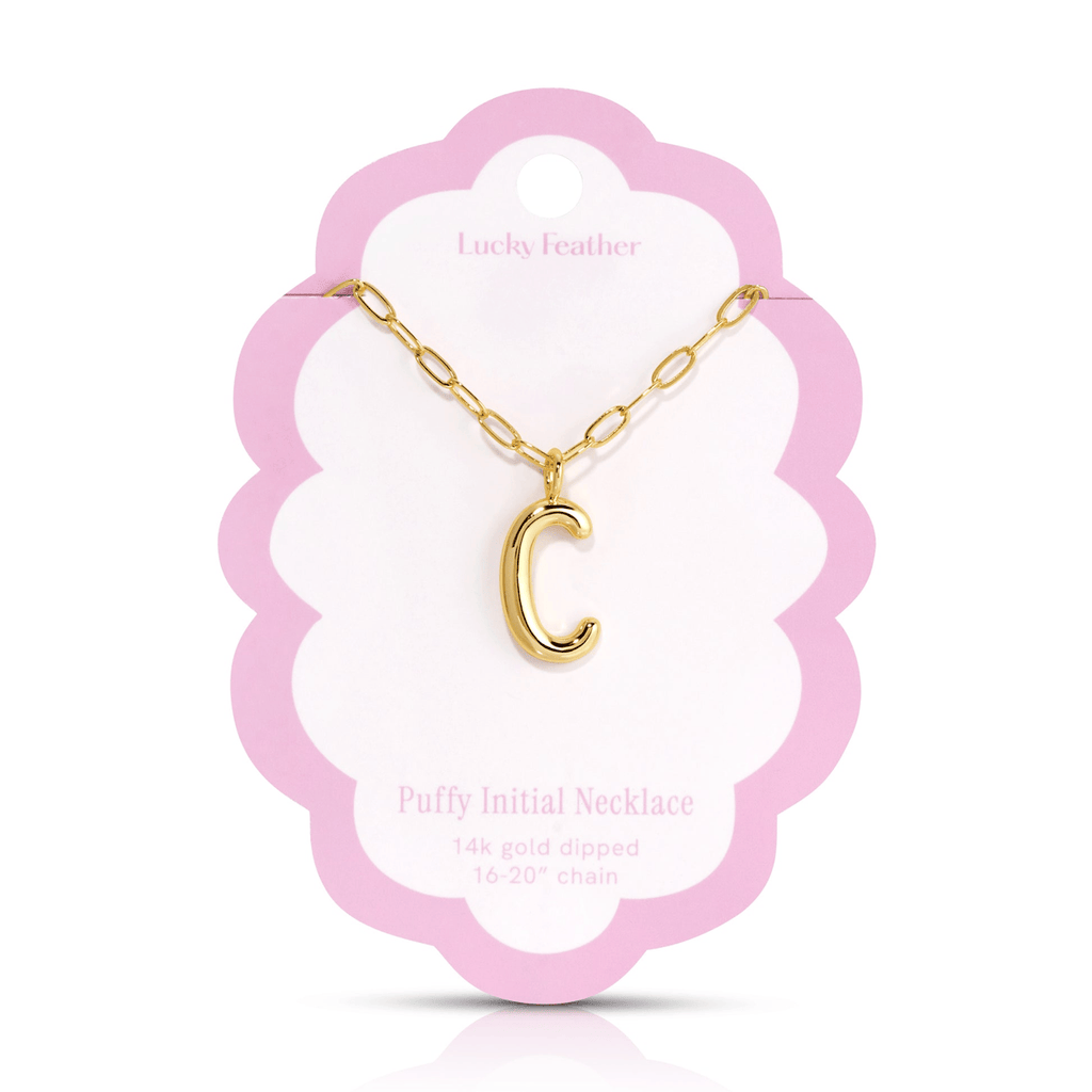 C 14K Gold Dipped Puffy Initial Necklace - Paperclip Chain Lucky Feather Jewelry - Necklaces