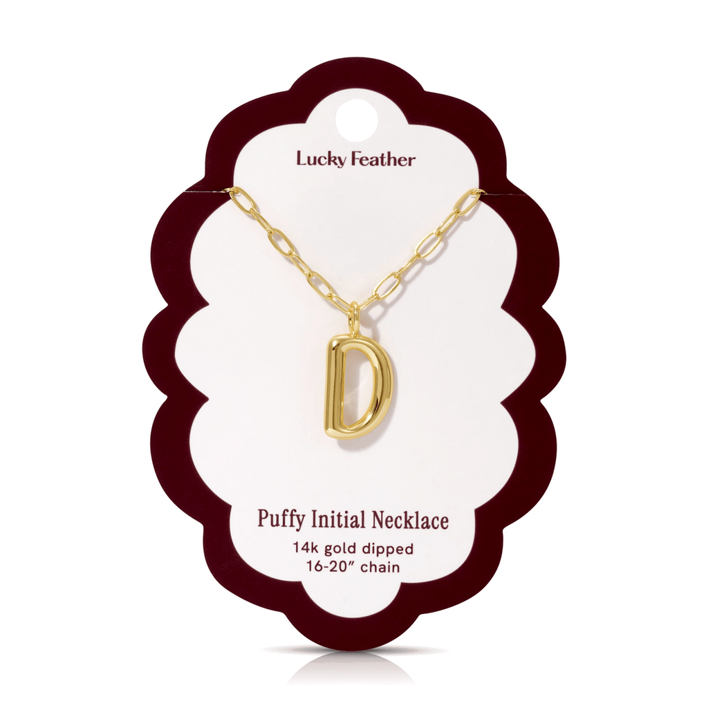 D 14K Gold Dipped Puffy Initial Necklace - Paperclip Chain Lucky Feather Jewelry - Necklaces