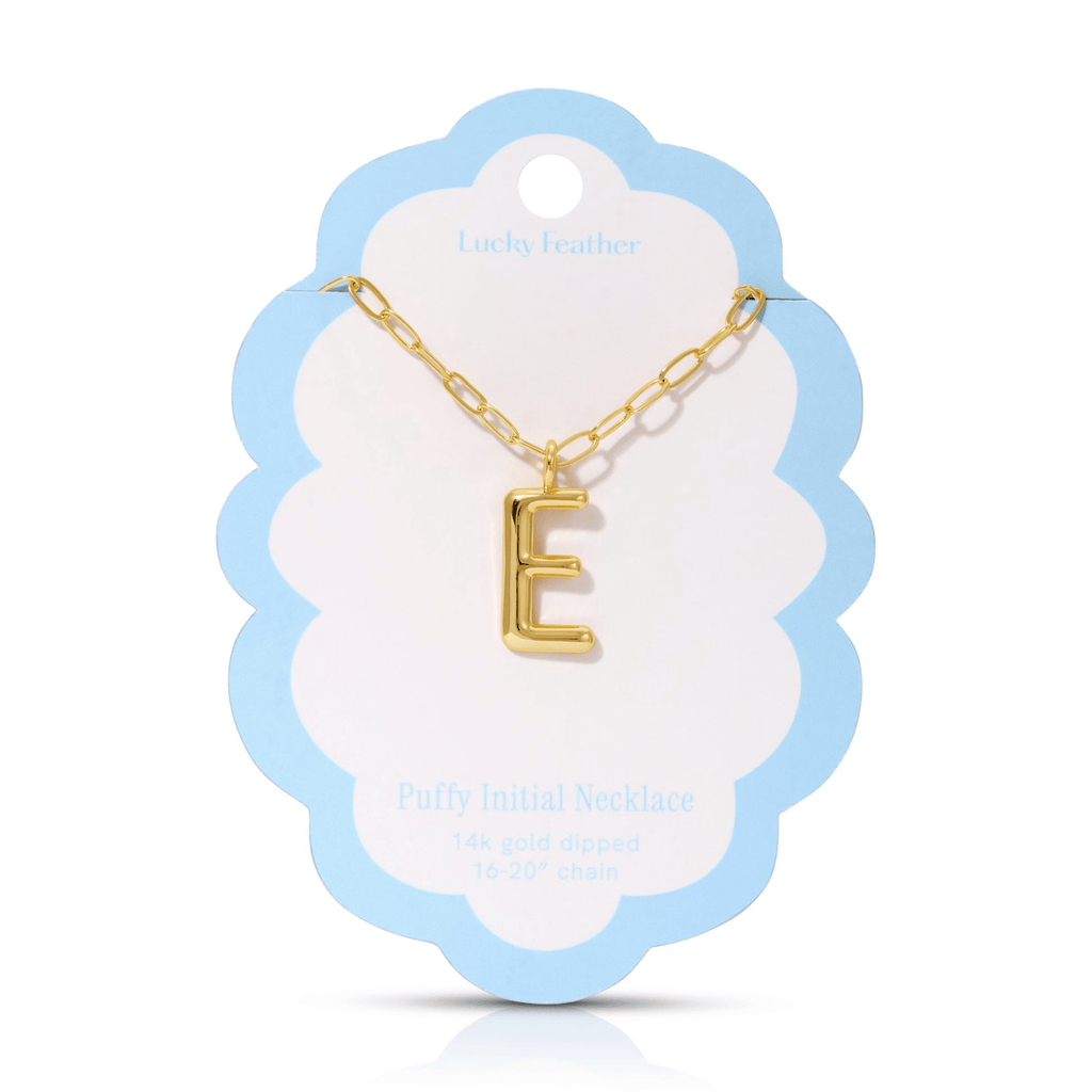 E 14K Gold Dipped Puffy Initial Necklace - Paperclip Chain Lucky Feather Jewelry - Necklaces