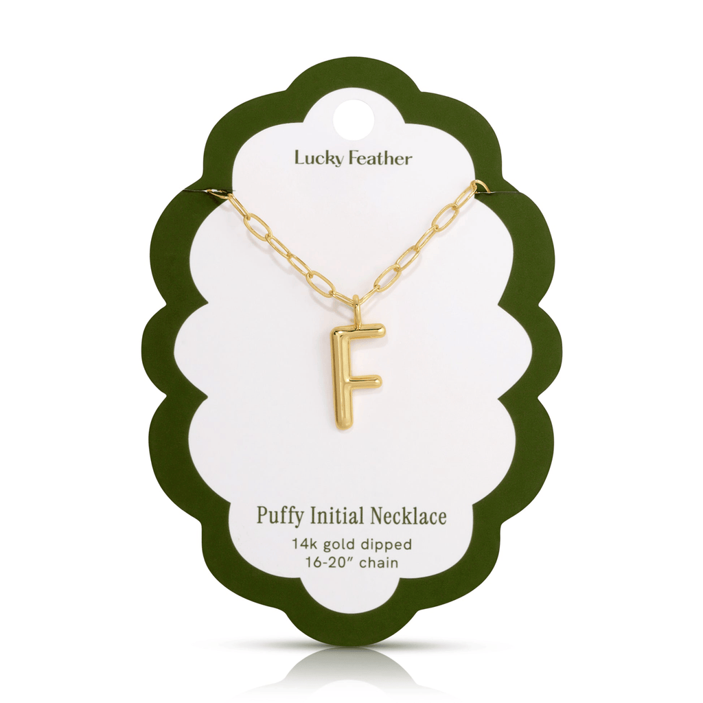 F 14K Gold Dipped Puffy Initial Necklace - Paperclip Chain Lucky Feather Jewelry - Necklaces