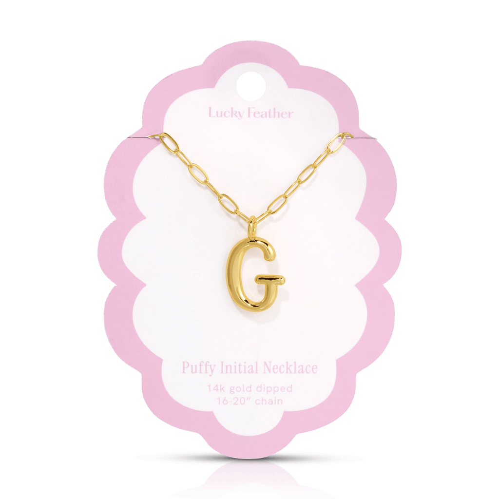 G 14K Gold Dipped Puffy Initial Necklace - Paperclip Chain Lucky Feather Jewelry - Necklaces