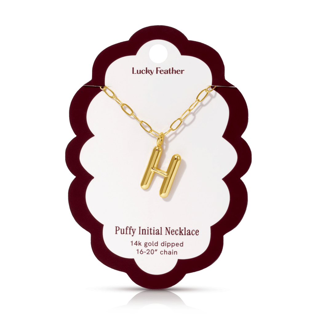 H 14K Gold Dipped Puffy Initial Necklace - Paperclip Chain Lucky Feather Jewelry - Necklaces
