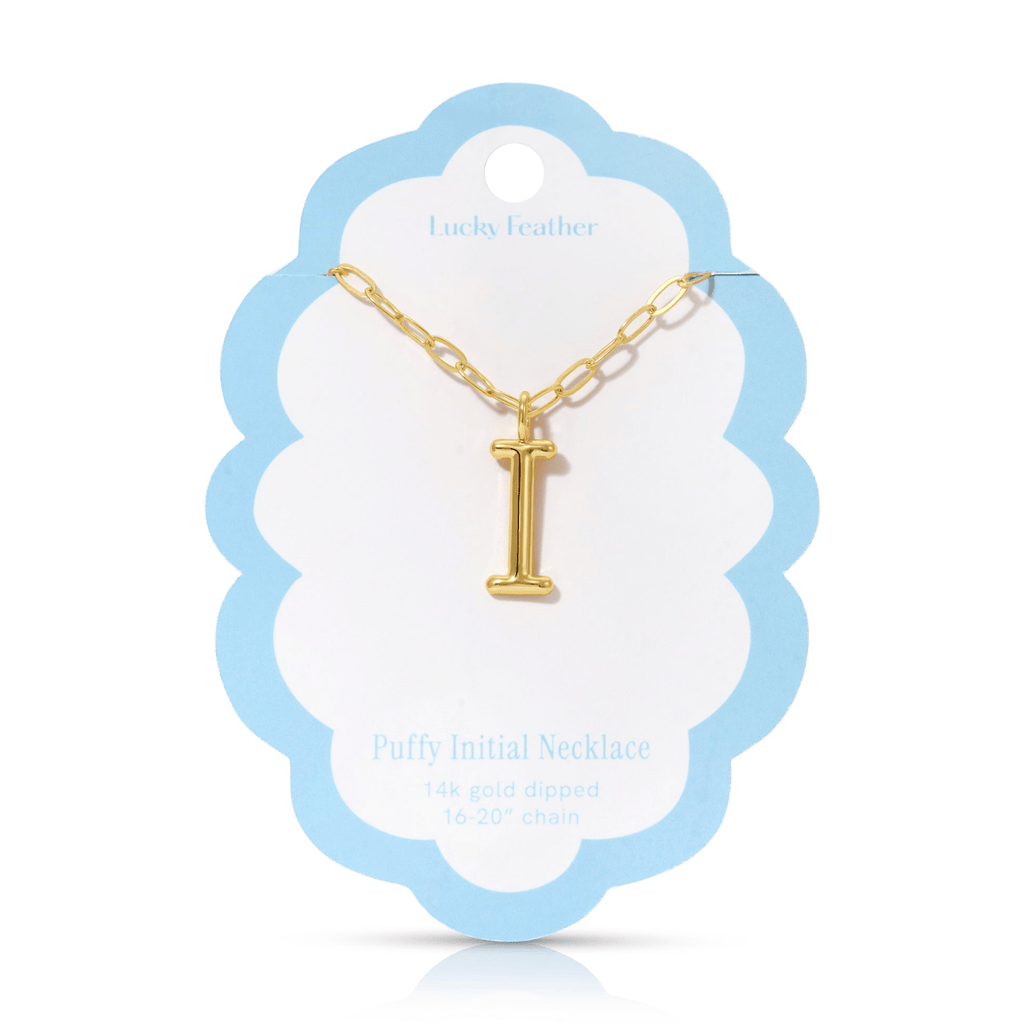 I 14K Gold Dipped Puffy Initial Necklace - Paperclip Chain Lucky Feather Jewelry - Necklaces