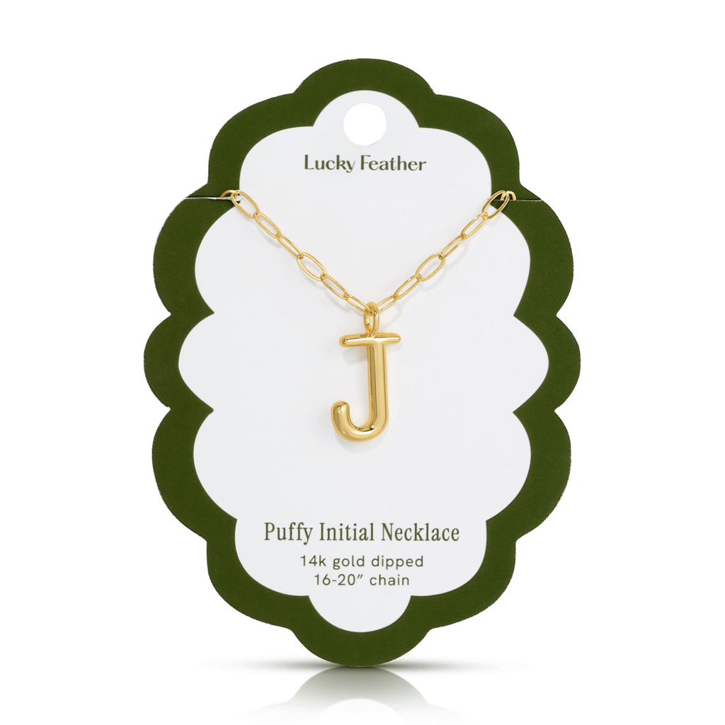 J 14K Gold Dipped Puffy Initial Necklace - Paperclip Chain Lucky Feather Jewelry - Necklaces