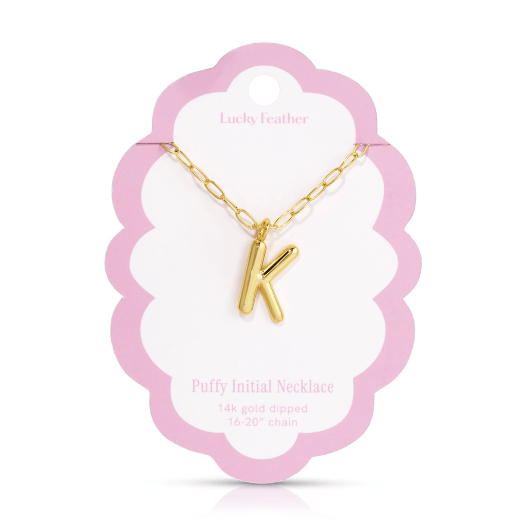 K 14K Gold Dipped Puffy Initial Necklace - Paperclip Chain Lucky Feather Jewelry - Necklaces