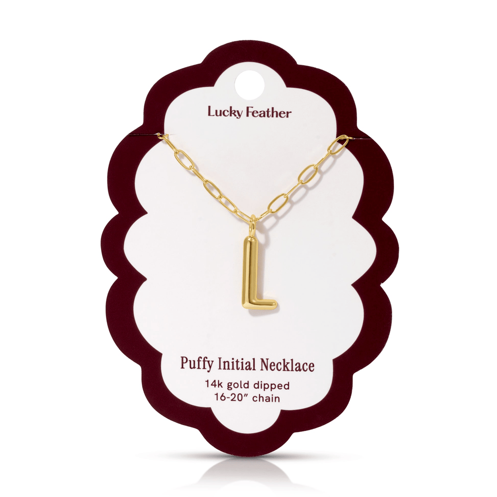 L 14K Gold Dipped Puffy Initial Necklace - Paperclip Chain Lucky Feather Jewelry - Necklaces