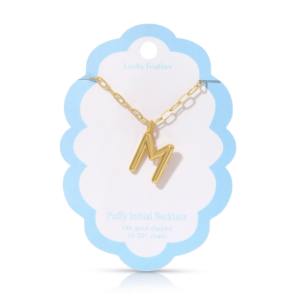 M 14K Gold Dipped Puffy Initial Necklace - Paperclip Chain Lucky Feather Jewelry - Necklaces