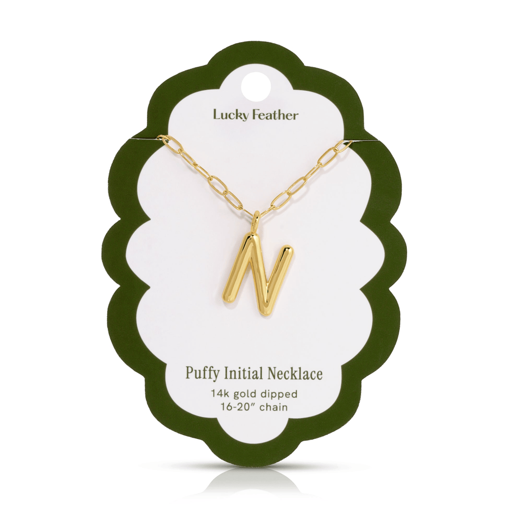 N 14K Gold Dipped Puffy Initial Necklace - Paperclip Chain Lucky Feather Jewelry - Necklaces