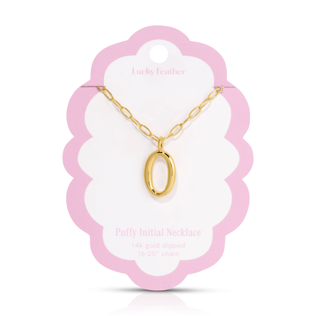 O 14K Gold Dipped Puffy Initial Necklace - Paperclip Chain Lucky Feather Jewelry - Necklaces
