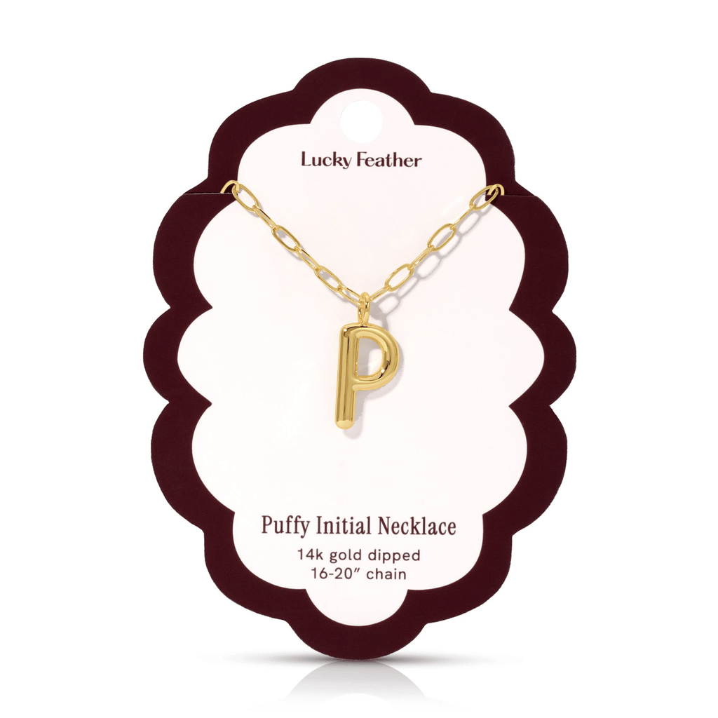 P 14K Gold Dipped Puffy Initial Necklace - Paperclip Chain Lucky Feather Jewelry - Necklaces