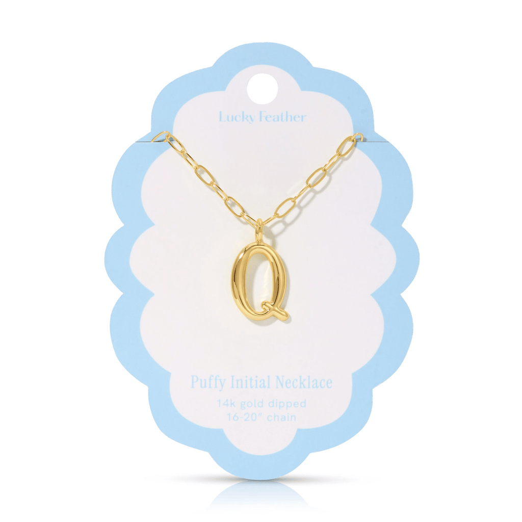 Q 14K Gold Dipped Puffy Initial Necklace - Paperclip Chain Lucky Feather Jewelry - Necklaces