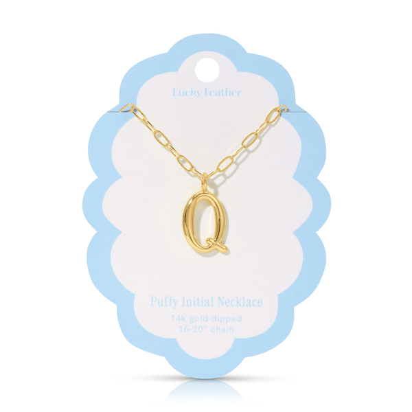 Q 14K Gold Dipped Puffy Initial Necklace - Paperclip Chain Lucky Feather Jewelry - Necklaces