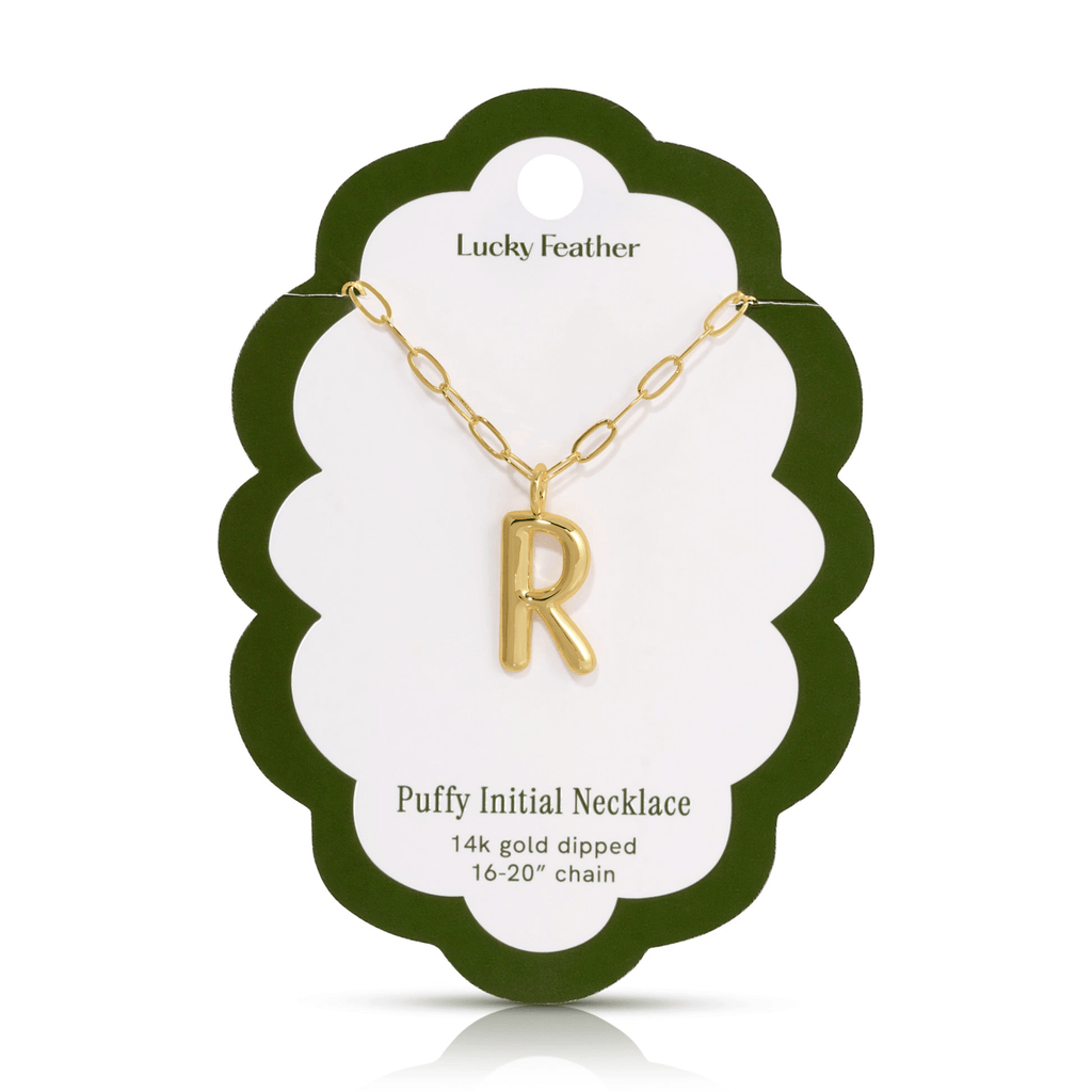 R 14K Gold Dipped Puffy Initial Necklace - Paperclip Chain Lucky Feather Jewelry - Necklaces