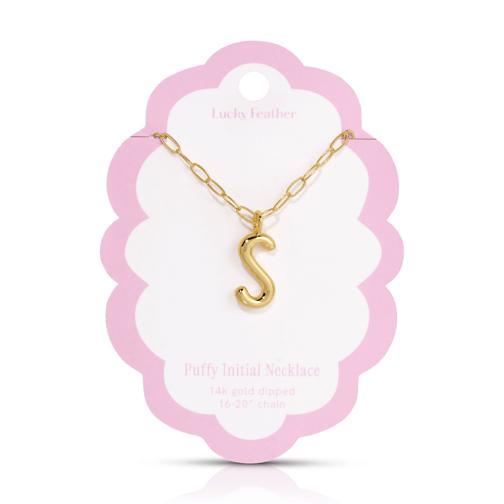 S 14K Gold Dipped Puffy Initial Necklace - Paperclip Chain Lucky Feather Jewelry - Necklaces