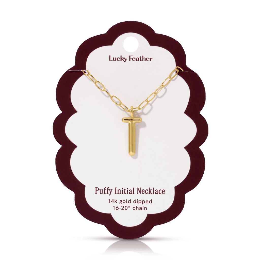T 14K Gold Dipped Puffy Initial Necklace - Paperclip Chain Lucky Feather Jewelry - Necklaces
