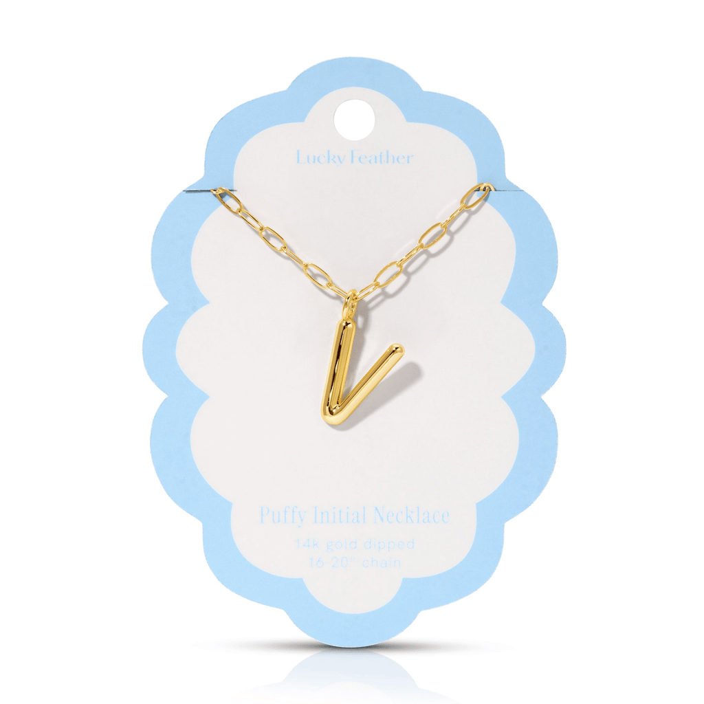 V 14K Gold Dipped Puffy Initial Necklace - Paperclip Chain Lucky Feather Jewelry - Necklaces