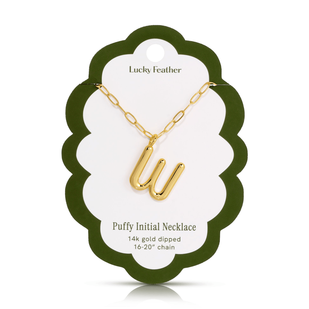 W 14K Gold Dipped Puffy Initial Necklace - Paperclip Chain Lucky Feather Jewelry - Necklaces
