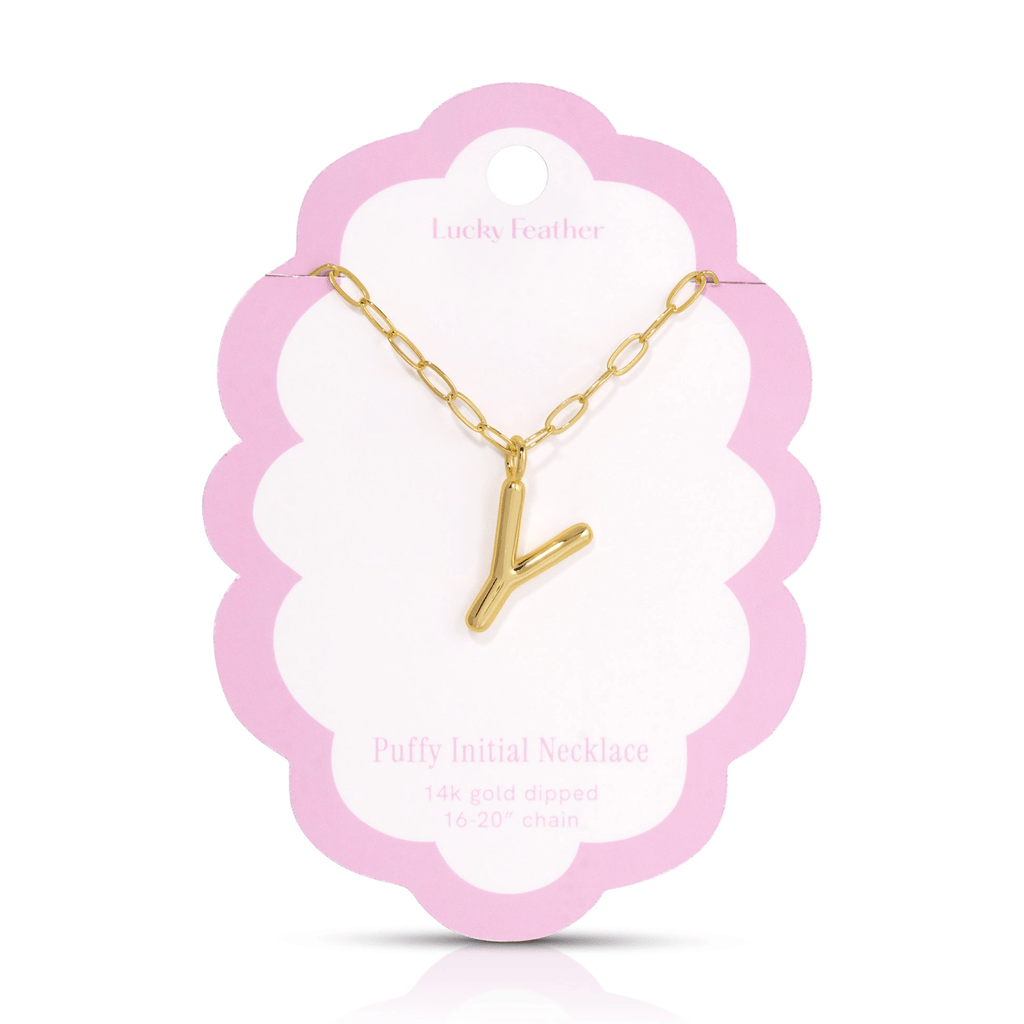 Y 14K Gold Dipped Puffy Initial Necklace - Paperclip Chain Lucky Feather Jewelry - Necklaces
