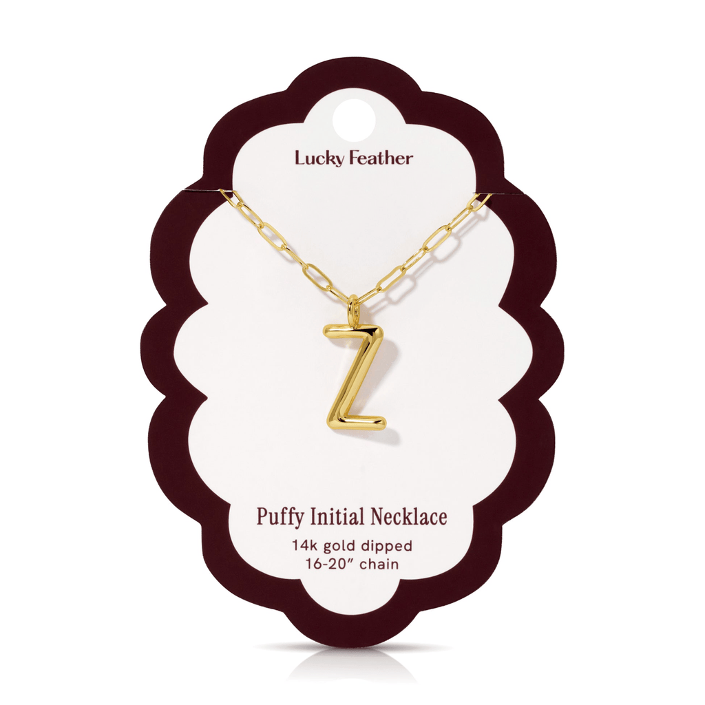 Z 14K Gold Dipped Puffy Initial Necklace - Paperclip Chain Lucky Feather Jewelry - Necklaces