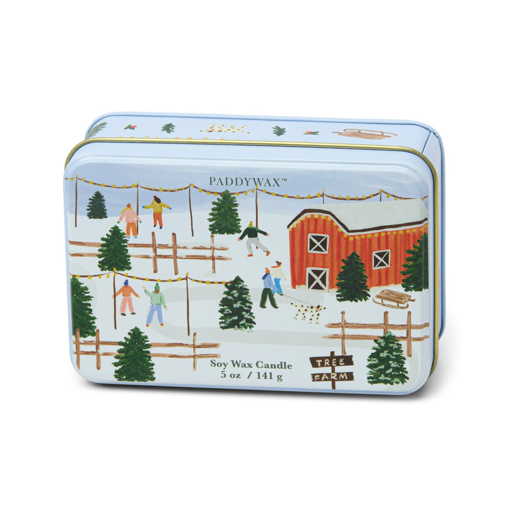 Tree Farm Scene Holiday Tin Candle - Vanilla Bean And Myrrh Paddywax Home - Candles - Holiday