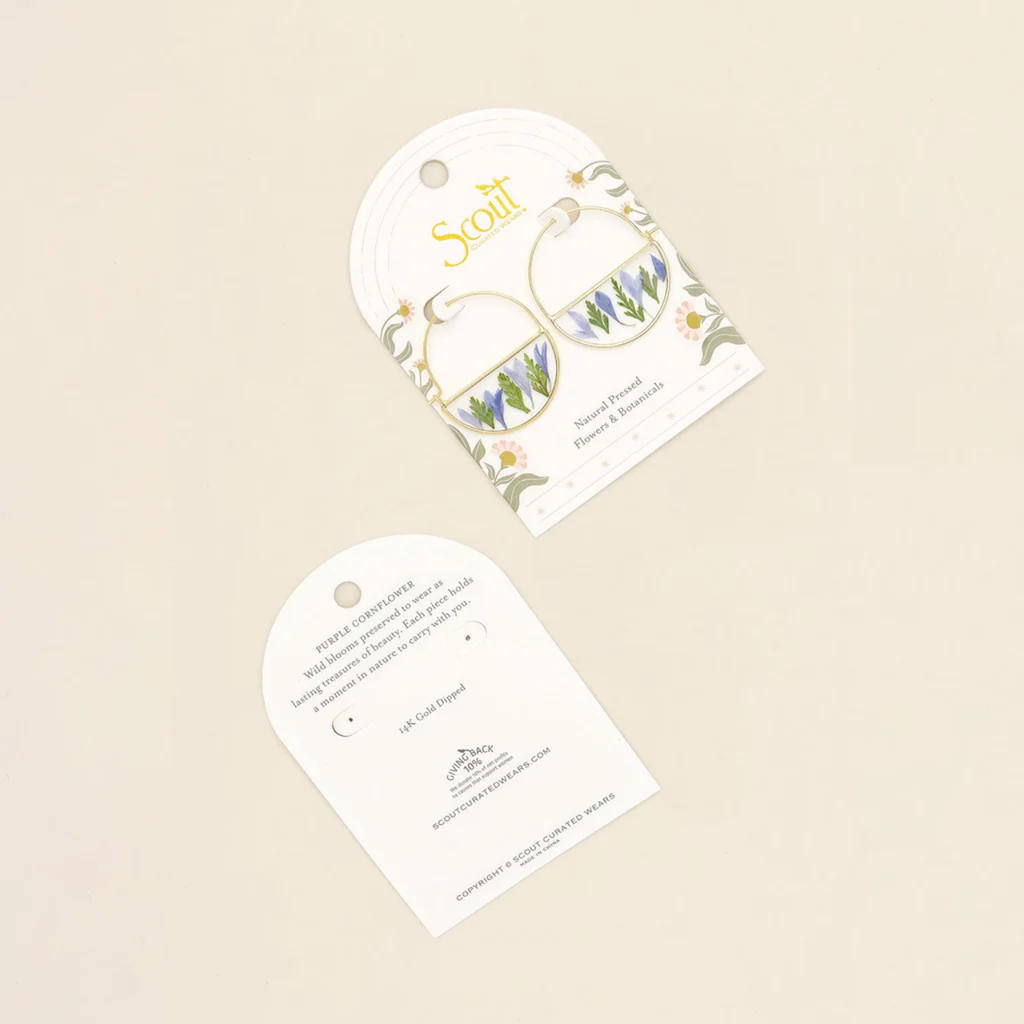 Purple Cornflower/Gold Pressed Flower Hoop Earring - Gold Scout Curated Wears Jewelry - Earrings