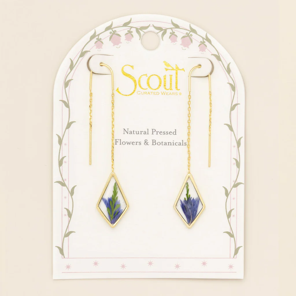 Purple Cornflower/Gold Pressed Flower Thread Earrings Scout Curated Wears Jewelry - Earrings