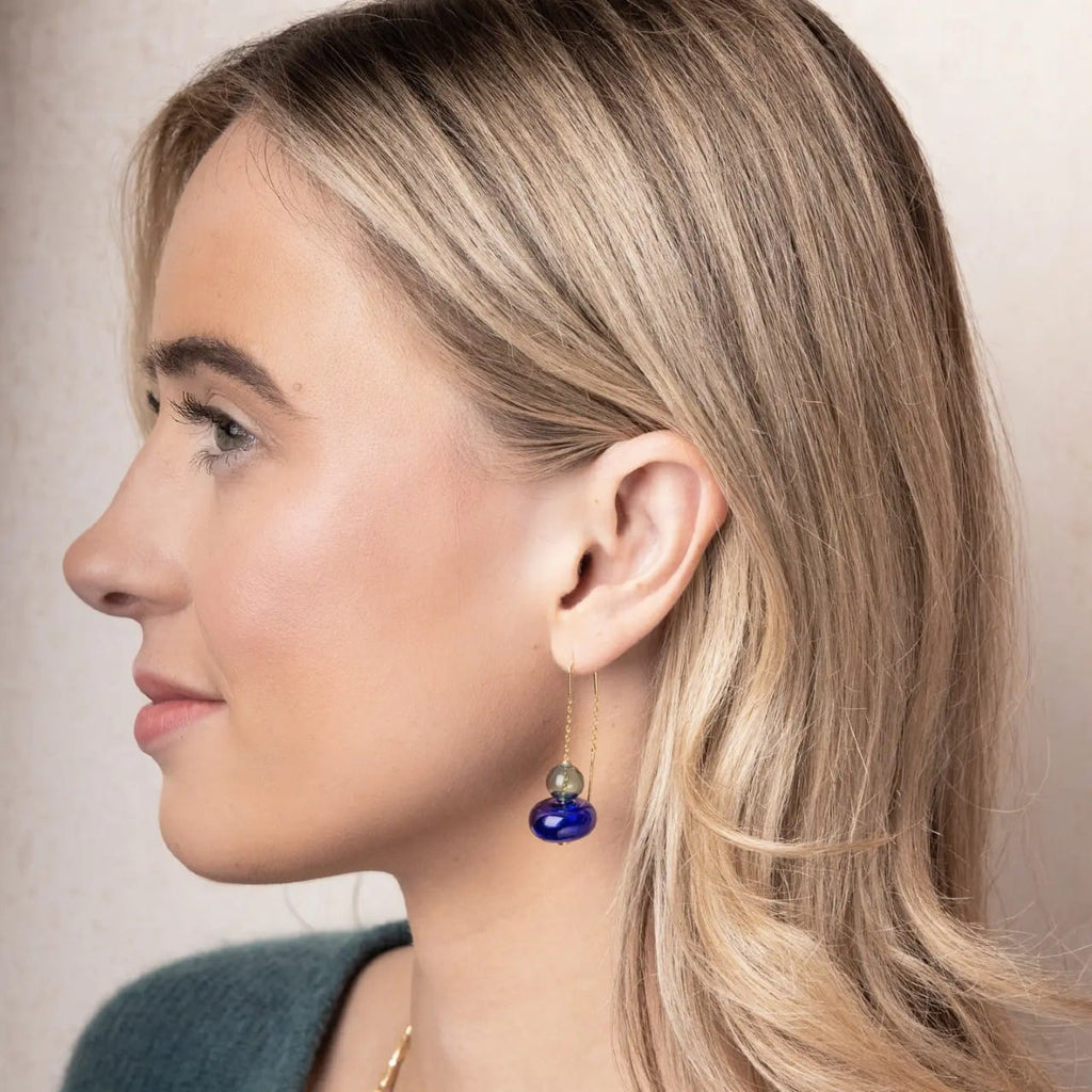 Teal/Blue/Gold Refined Glass Organic Threader Earrings Scout Curated Wears Jewelry - Earrings
