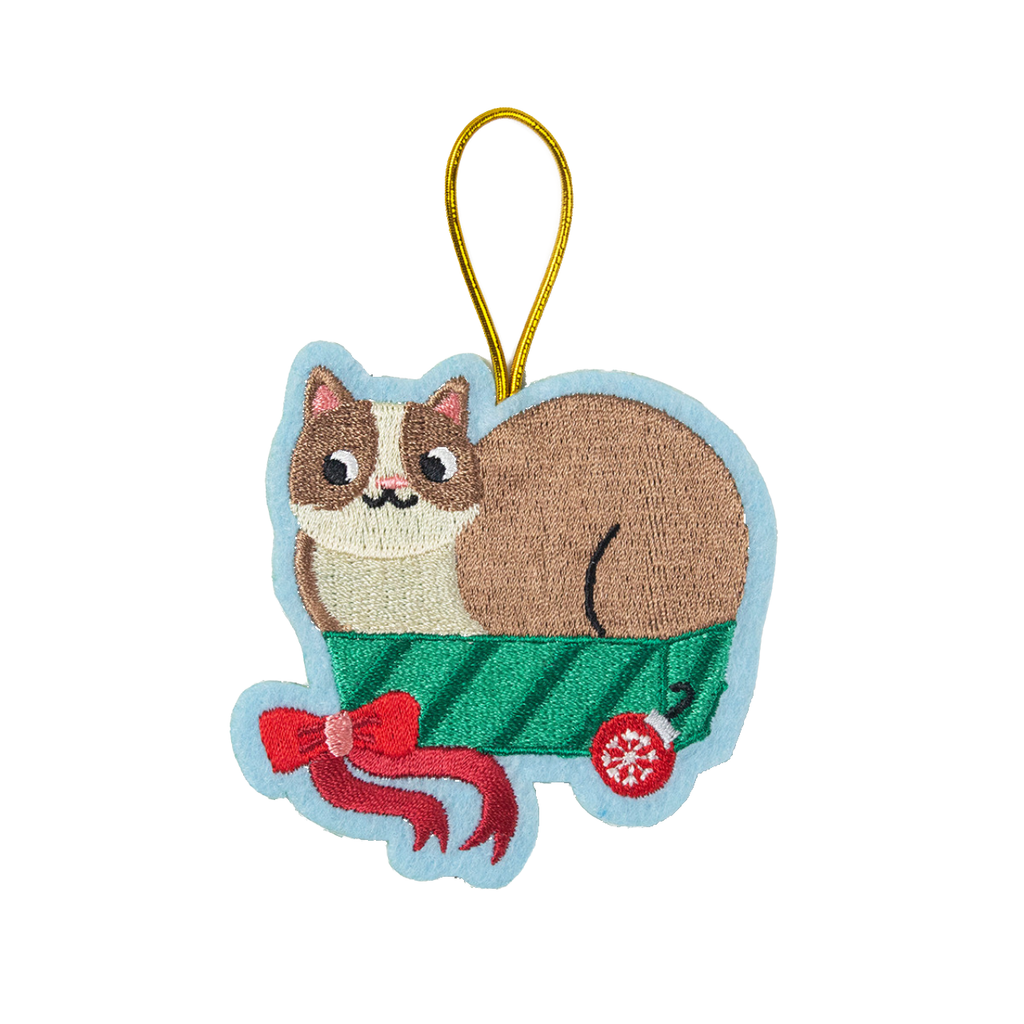 Cat In Box Embroidered Ornament Seltzer Holiday - Ornaments