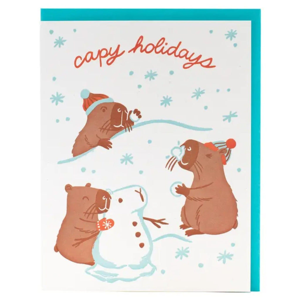 Capybara Snowball Fight Holiday Card Smudge Ink Cards - Holiday - Happy Holidays