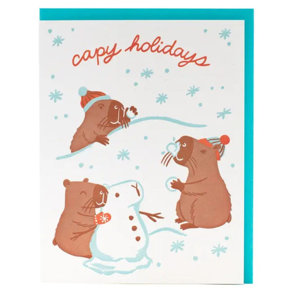 Capybara Snowball Fight Holiday Card Smudge Ink Cards - Holiday - Happy Holidays
