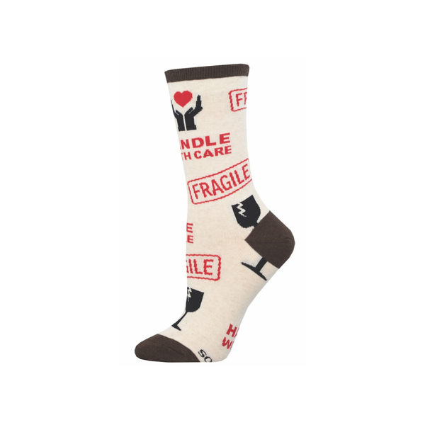 SSD SOCKS WOMENS CREW HANDLE WITH CARE IVORY HEATHER Socksmith Apparel & Accessories - Socks - Adult - Womens