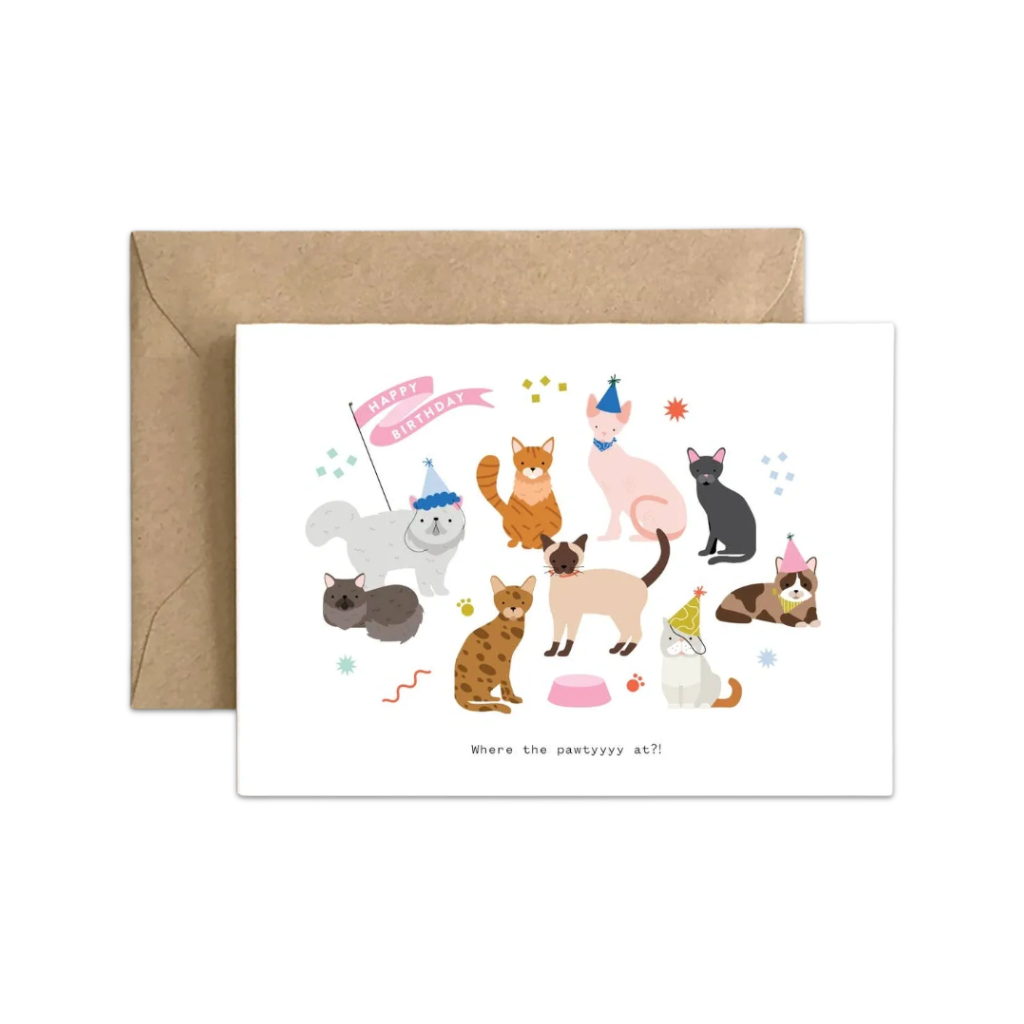 Where the Pawwwwty At? Cat Birthday Card Spaghetti & Meatballs Cards - Birthday