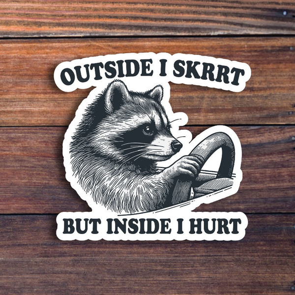 Outside I Skrrt But Inside I Hurt Raccoon Sticker Sticker Horse Impulse - Decorative Stickers