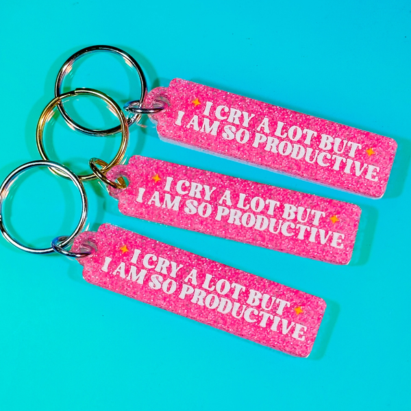 Taylor I Cry A Lot But I Am So Productive Glitter Pink Keychain The Hissin Kitten Apparel & Accessories - Keychains