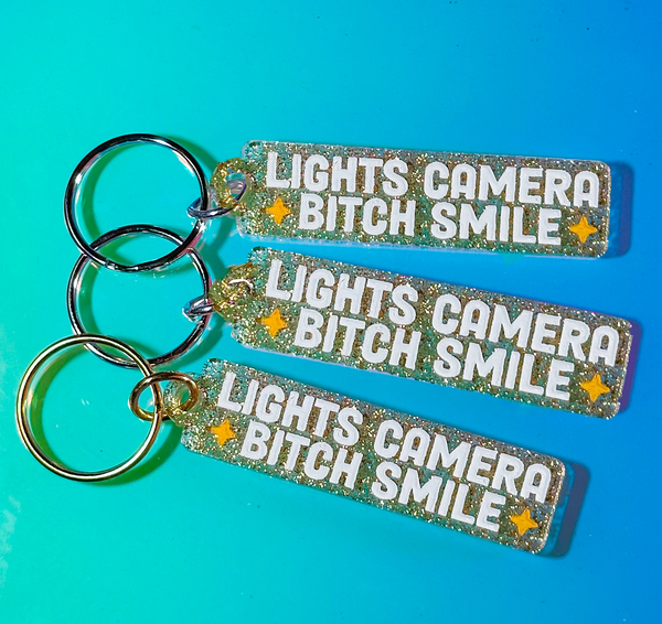 Taylor Lights Camera B*tch Smile Glittler Gold Keychain The Hissin Kitten Apparel & Accessories - Keychains