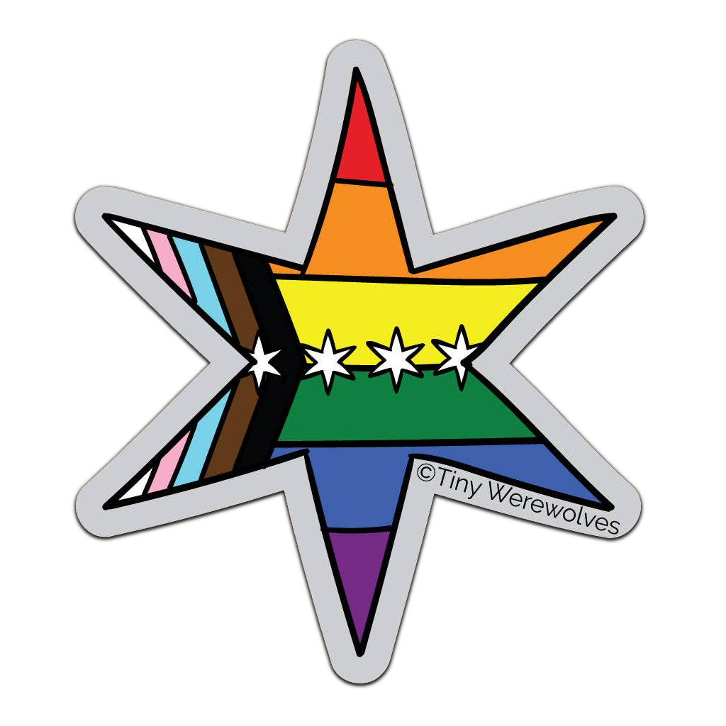 PROGRESSIVE RAINBOW PRIDE FLAG Chicago Star Flag Stickers Tiny Werewolves Impulse - Decorative Stickers