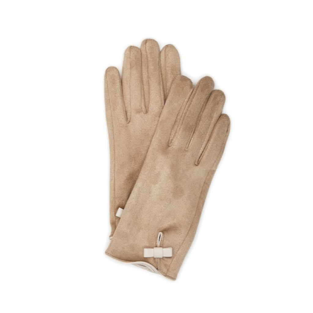 Beige Neutral Ground Soft Micro Suede Vegan Leather Trim and Tiny Bow Detail Gloves - Adult Two's Company Apparel & Accessories - Winter - Adult - Gloves & Mittens