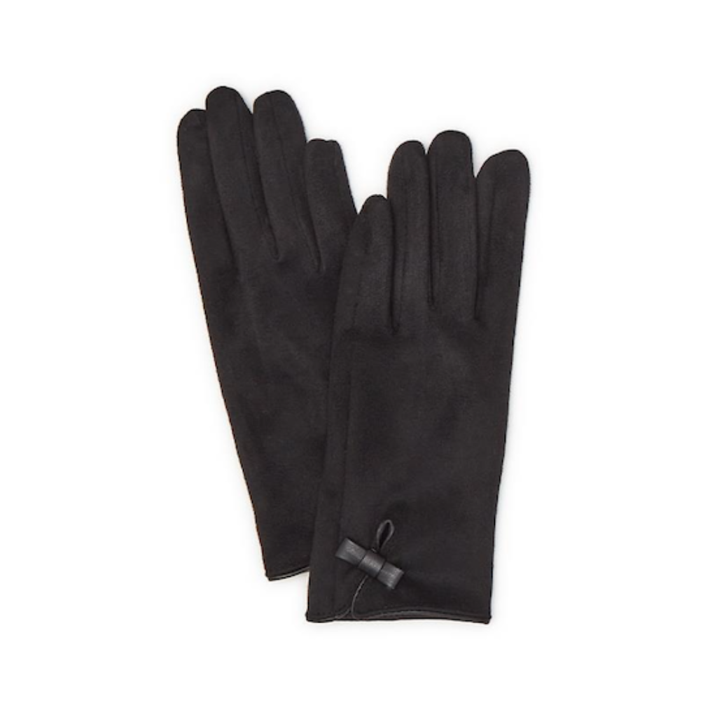 Black Neutral Ground Soft Micro Suede Vegan Leather Trim and Tiny Bow Detail Gloves - Adult Two's Company Apparel & Accessories - Winter - Adult - Gloves & Mittens