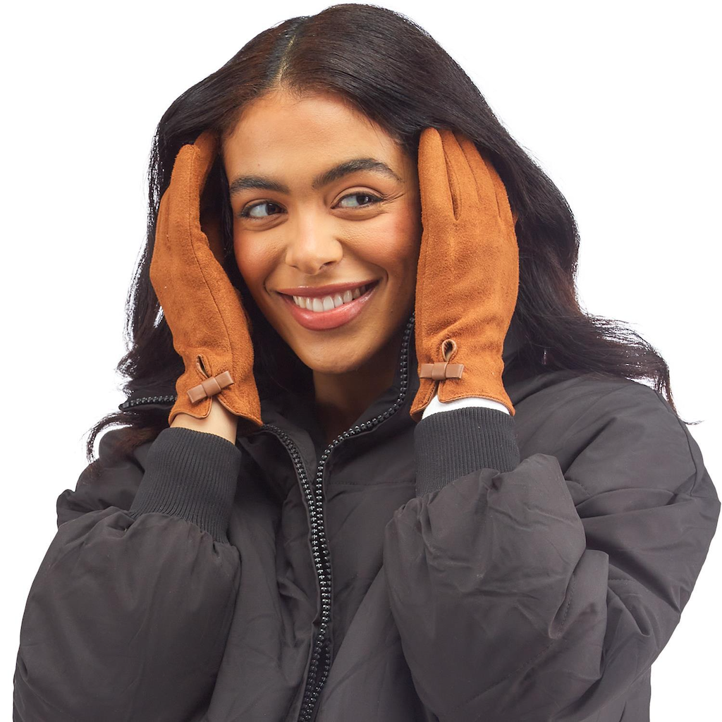 Neutral Ground Soft Micro Suede Vegan Leather Trim and Tiny Bow Detail Gloves - Adult Two's Company Apparel & Accessories - Winter - Adult - Gloves & Mittens