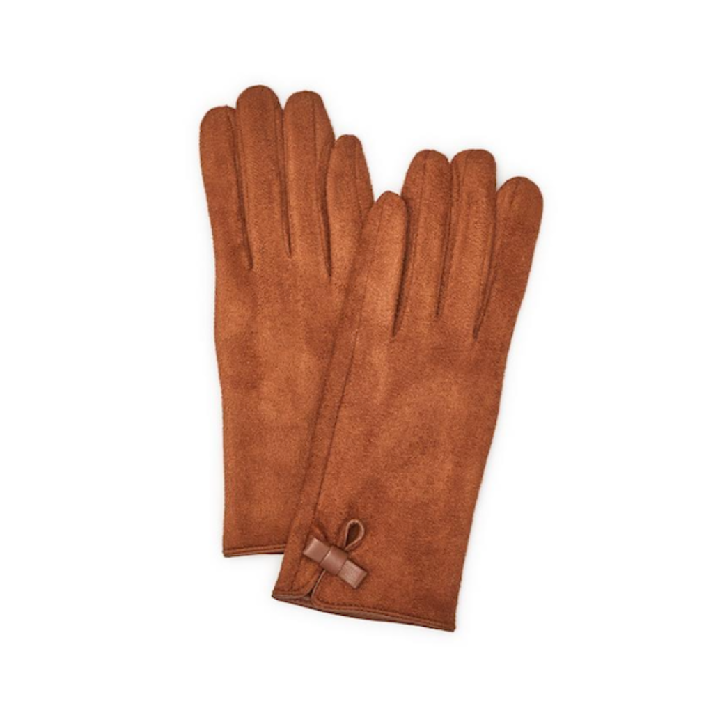 Sienna Neutral Ground Soft Micro Suede Vegan Leather Trim and Tiny Bow Detail Gloves - Adult Two's Company Apparel & Accessories - Winter - Adult - Gloves & Mittens