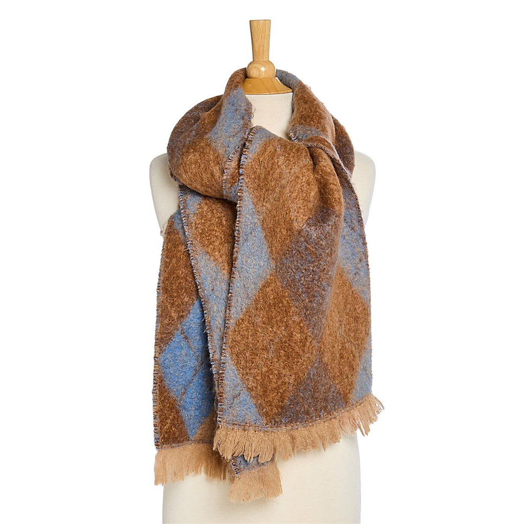 Blue/Tan Classic With A Twist Argyle Scarf With Fringe Detail Twos Company Apparel & Accessories - Winter - Adult - Scarves & Wraps