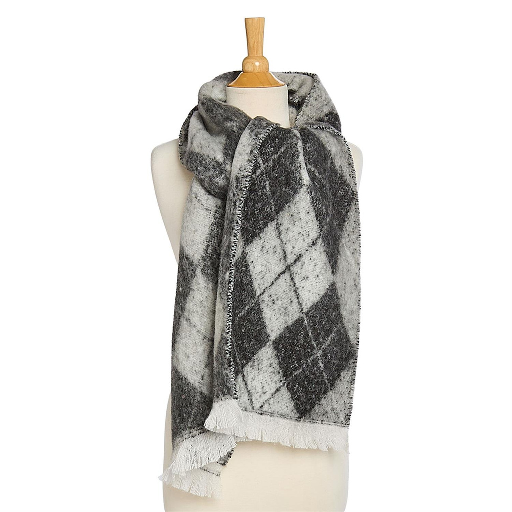 Gray/Black Classic With A Twist Argyle Scarf With Fringe Detail Twos Company Apparel & Accessories - Winter - Adult - Scarves & Wraps