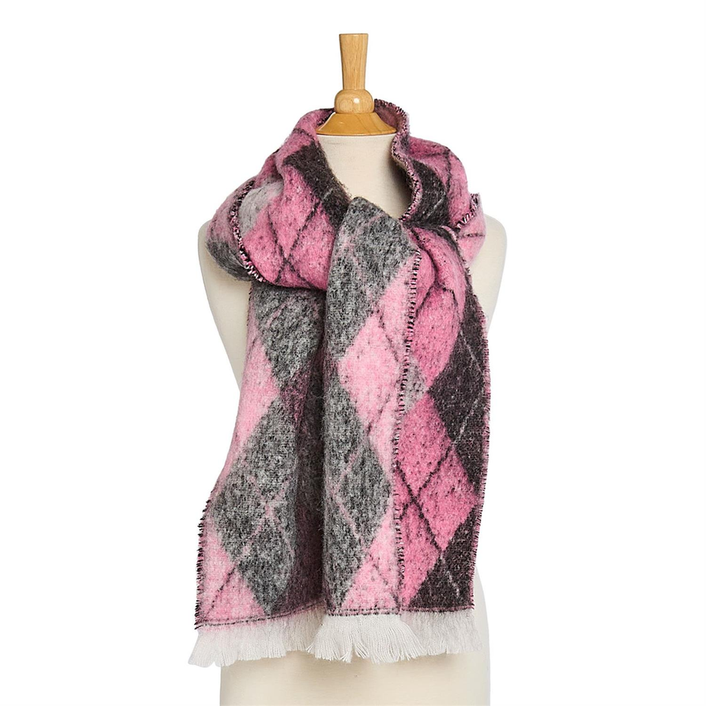 Pop Pink Classic With A Twist Argyle Scarf With Fringe Detail Twos Company Apparel & Accessories - Winter - Adult - Scarves & Wraps