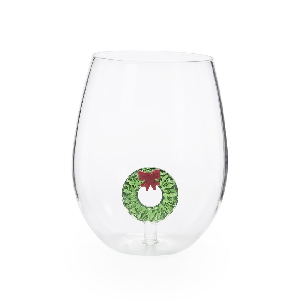 Wreath Icon Stemless Wine Glass Twos Company Home - Mugs & Glasses - Wine Glasses