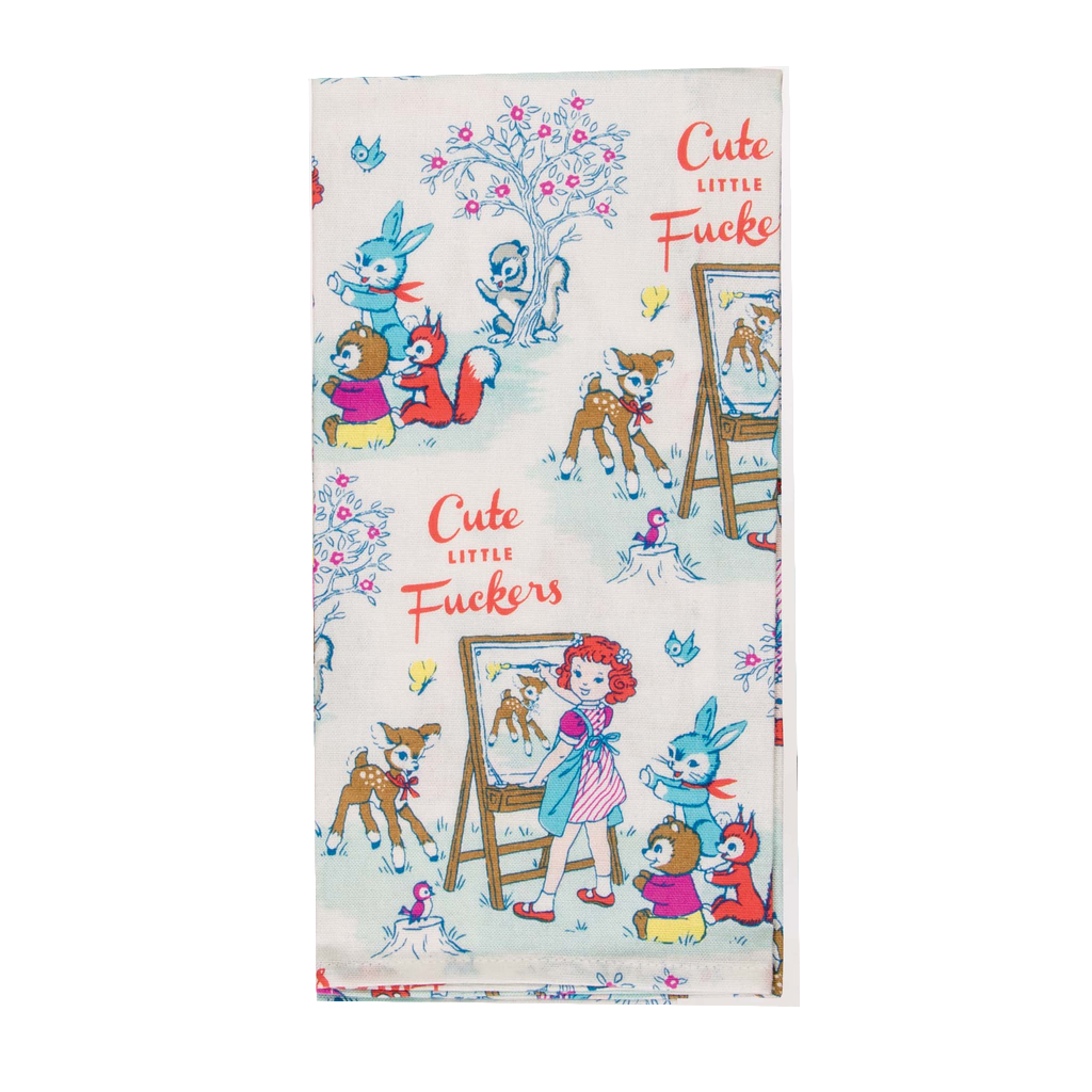 Broderie Tea or Dish Towel, Little Boy Fishing in Red, Blue and