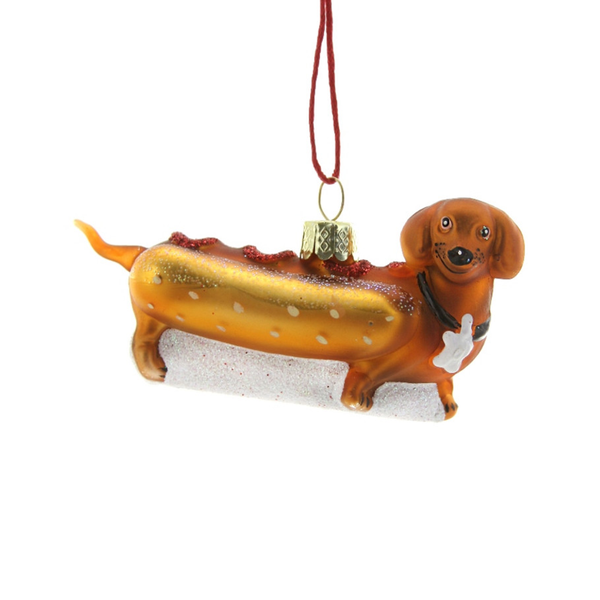 Weiner Pup Hot Dog Glass Ornament CODY FOSTER AND CO. Holiday - Ornaments