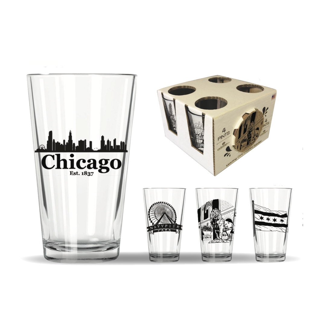 Corkology Chicago Pint Glass and Coaster Set Corkology Home - Mugs & Glasses - Pint Glasses