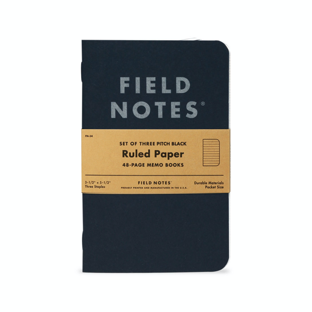Ruled Field Notes Pitch Black Memo Books - 3 Pack Field Notes Brand Books - Blank Notebooks & Journals